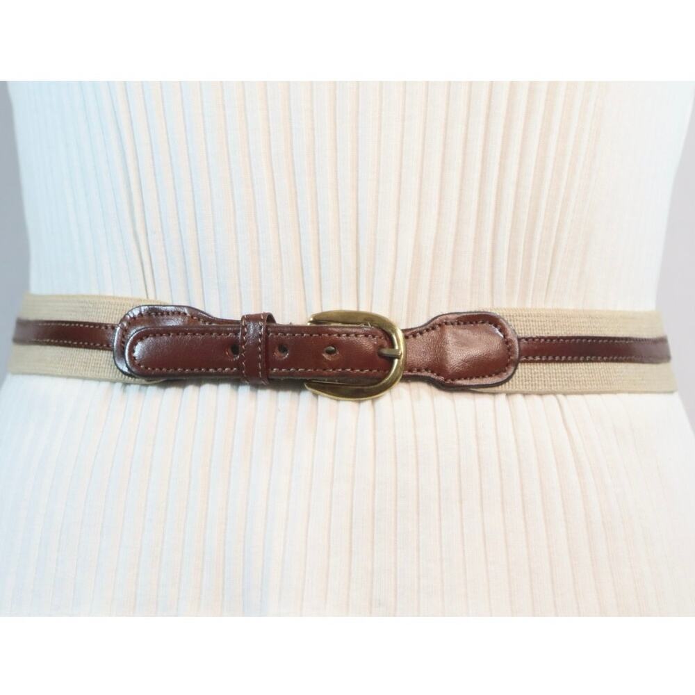 💎Millers Surcingle Mens Belt Small Brown Leather Ends Overlay On Beight Canvas